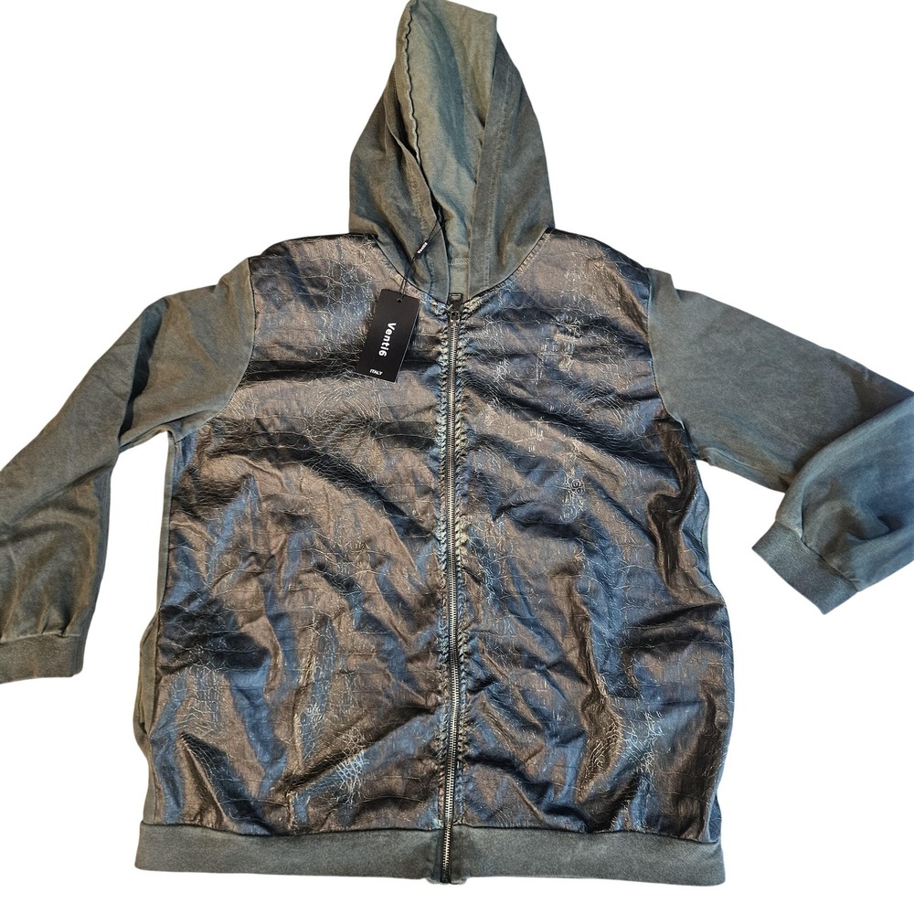 Venti6 Jacket Womens Medium Faux Leather Hooded Full Zip Animal Print Italy